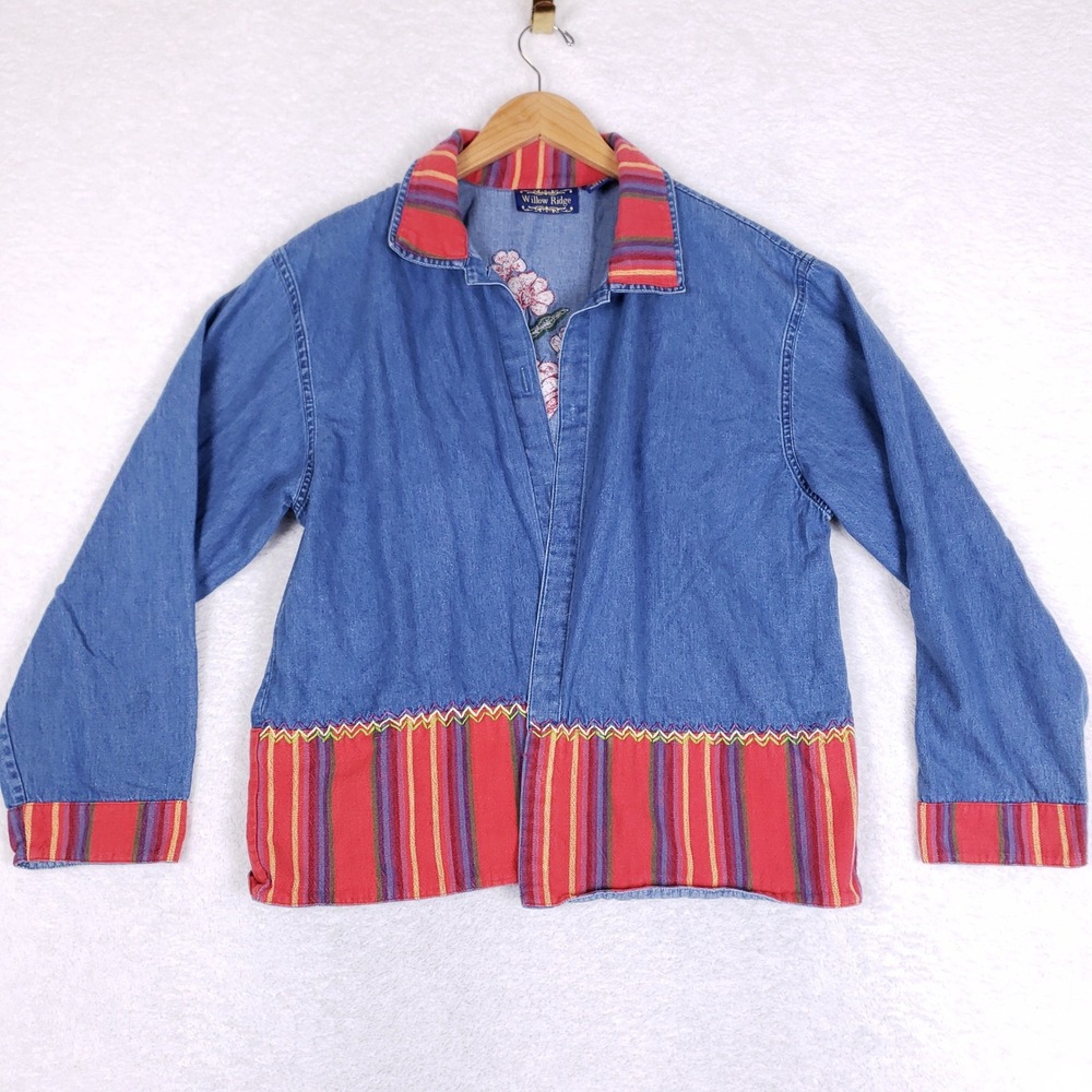 Willow Ridge Denim Jacket‎ Womens XL VTG Embroidered Flower Stripe Shacket Blue